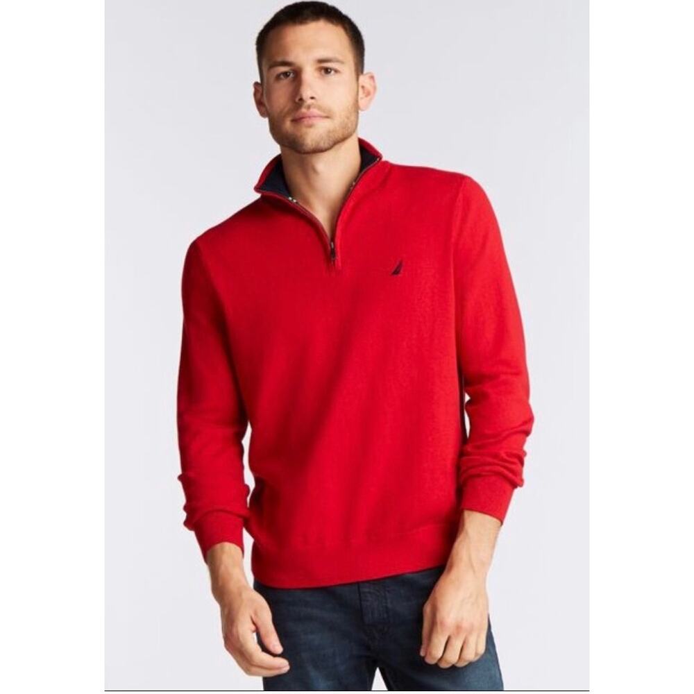 Nautica NEW Quarter Zip Red Sweatshirt, Large